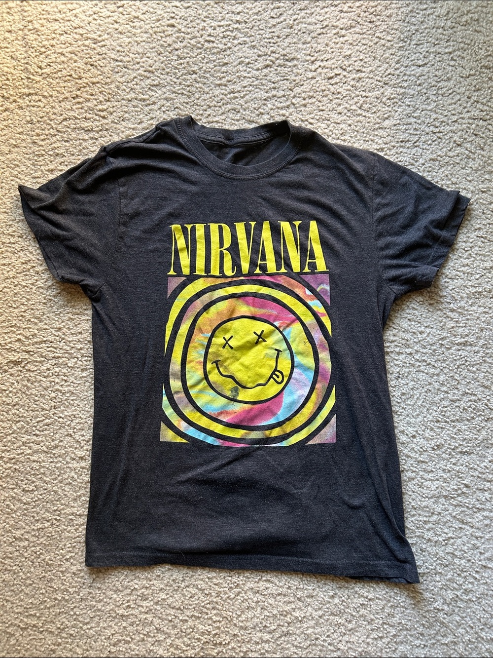 NIRVANA Black Tee with Yellow Logo and Multicolor Tie-Dye Smiley MD